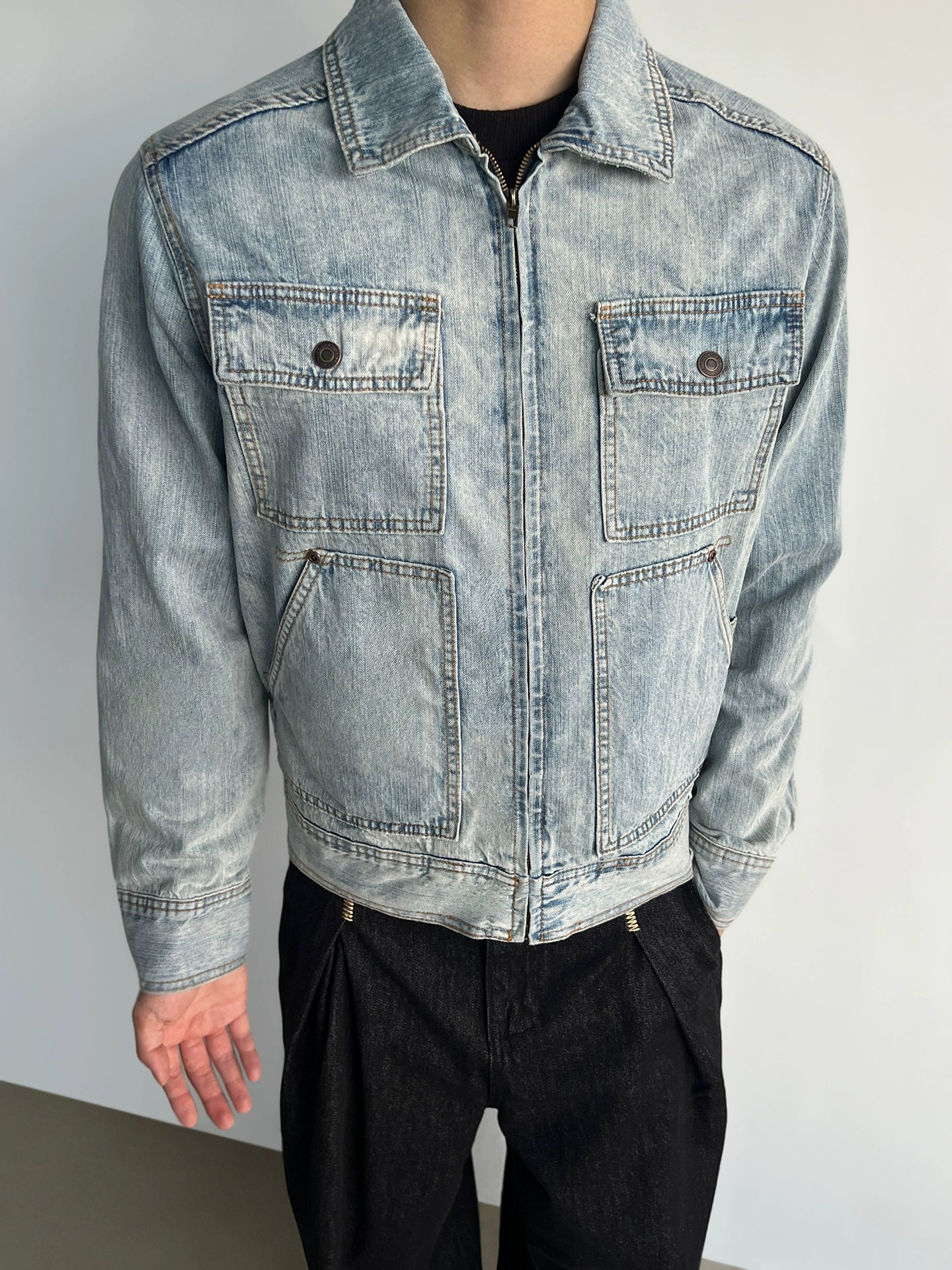 Yıpranmış Denim Çok Cepli İş Ceket 