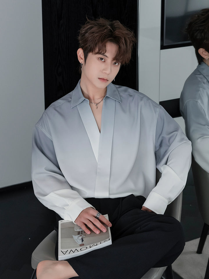 그라디언트 딥 V넥 긴팔 셔츠 