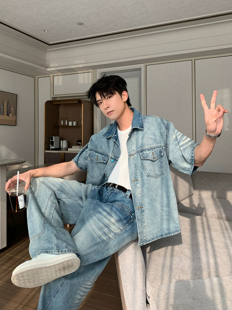 Denim Kurzarmhemd und Hosen Set 