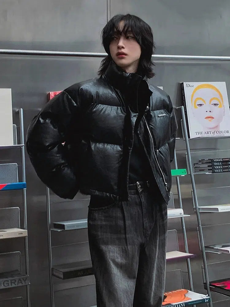 Short Stand Collar PU Leather Jacket