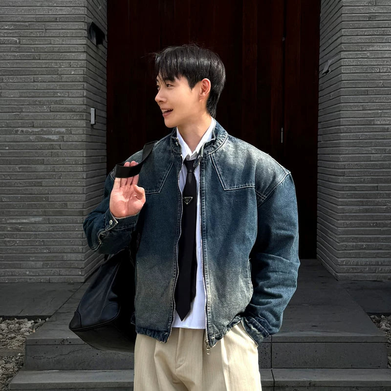 Retro Gewassen Denim Staande Kraag Jas 