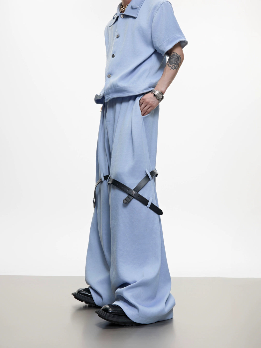 Twill Texture Short Sleeve Suit with Belt