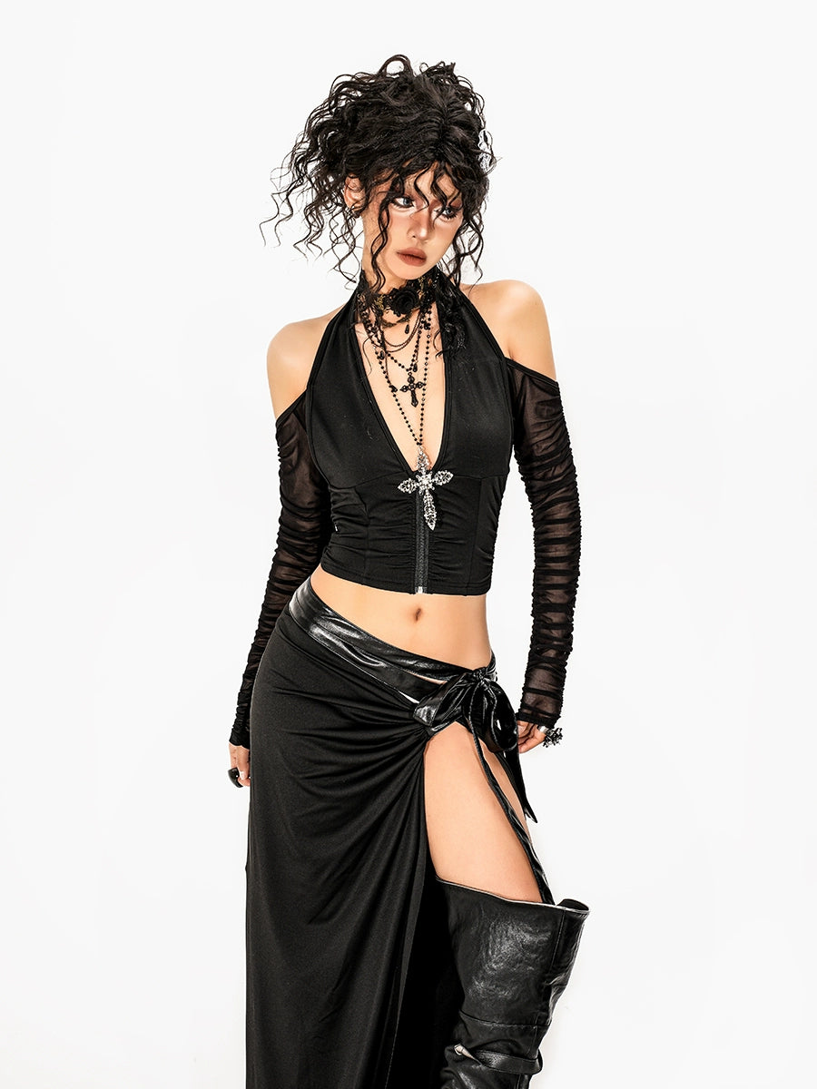 Off-Shoulder Mesh Halter Crop Top