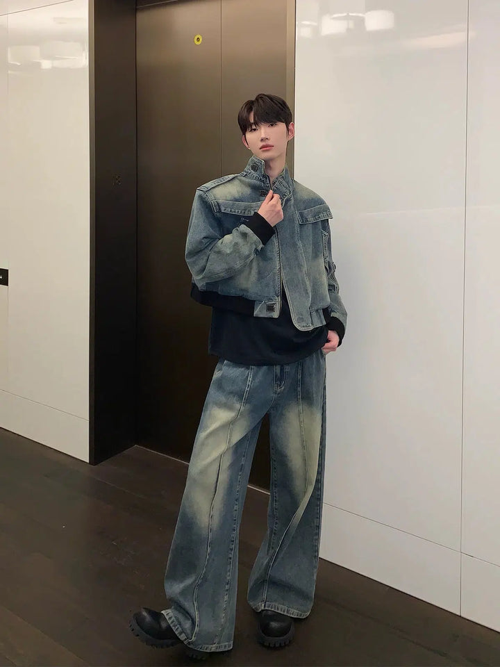 Distressed Stand Collar Denim Jacket Pants Set