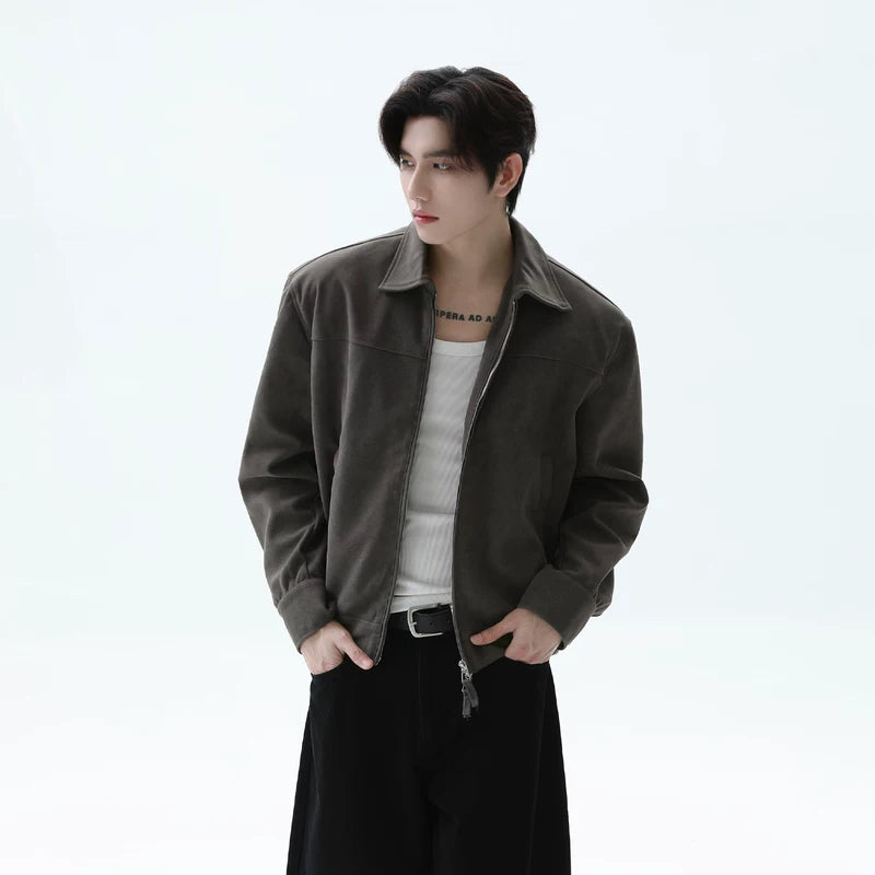 Suede Textured PU Zip Lapel Jacket