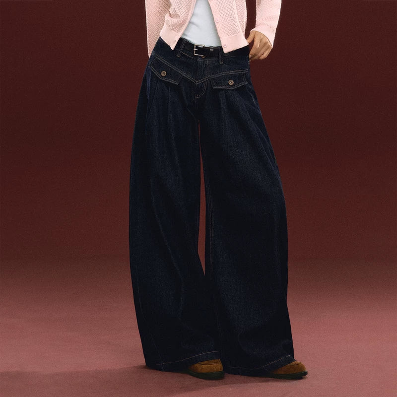 Pantalons en denim taille haute à jambes larges 