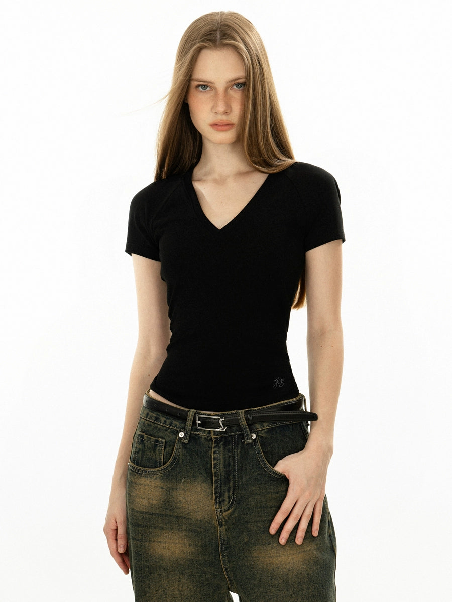 Embroidered V-Neck Short Sleeve T-Shirt