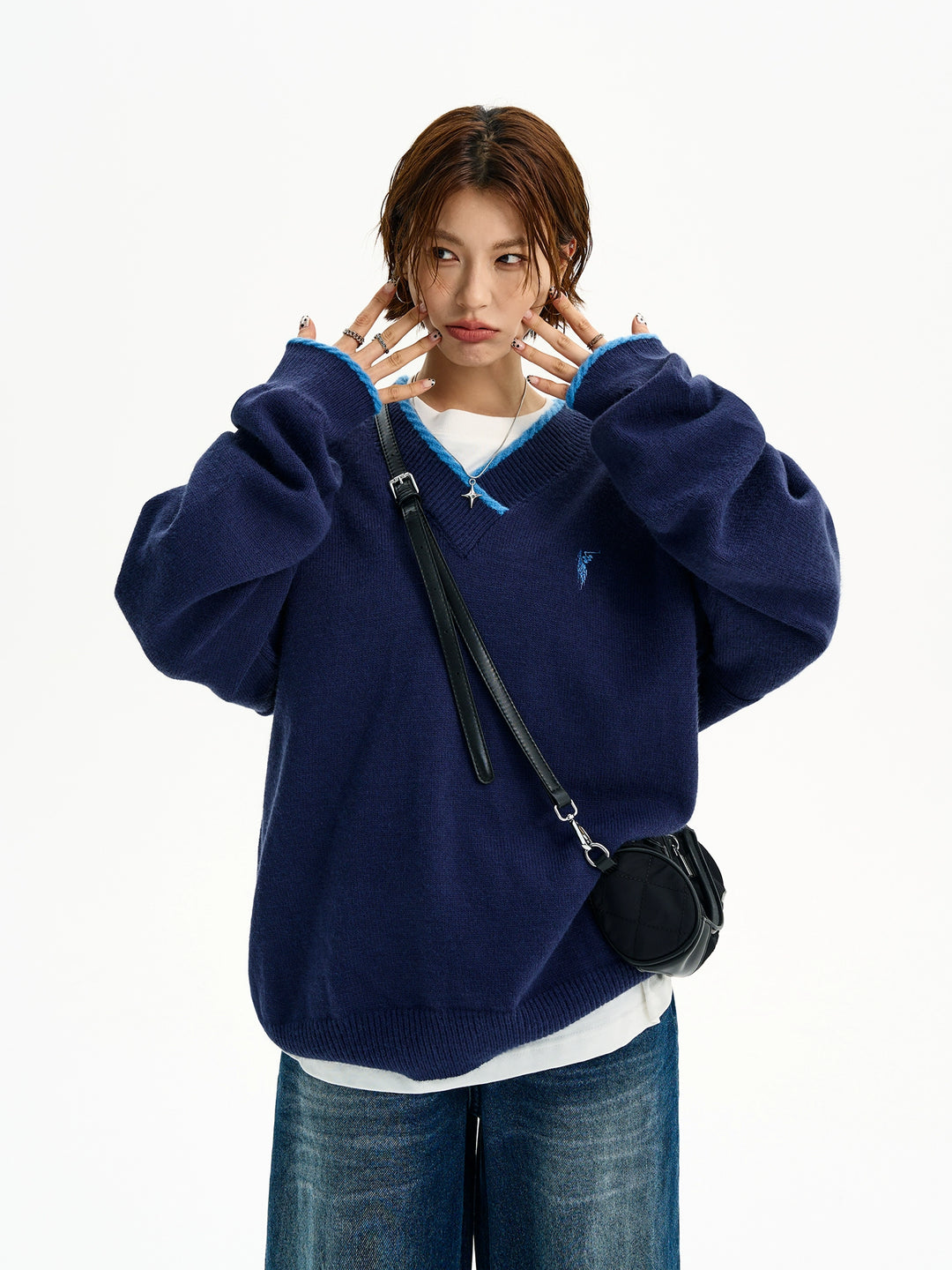 V-Ausschnitt Bestickter Lässiger Sweatshirt 