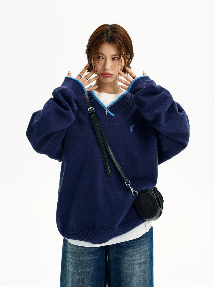V-Ausschnitt Bestickter Lässiger Sweatshirt 