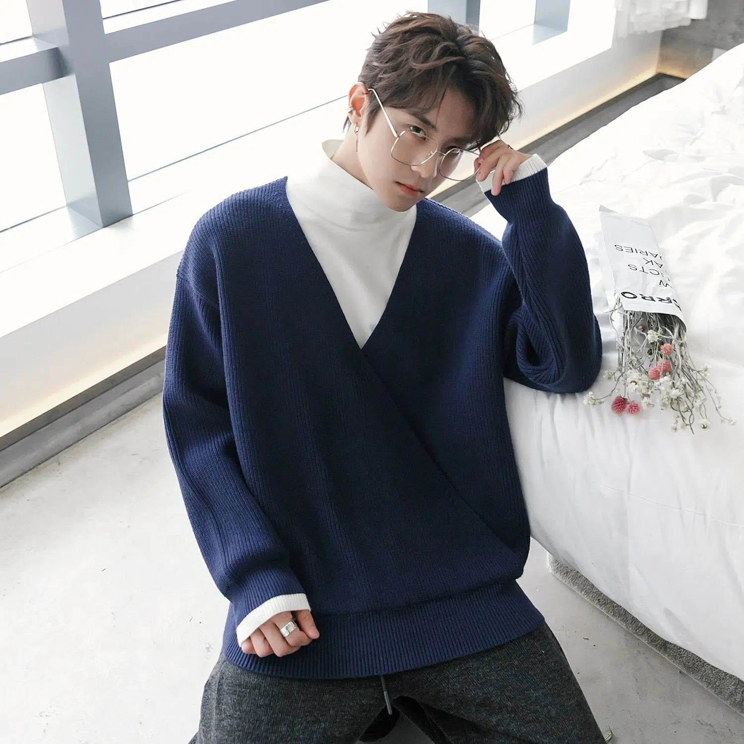 Contrast Color High Collar Knit Sweater