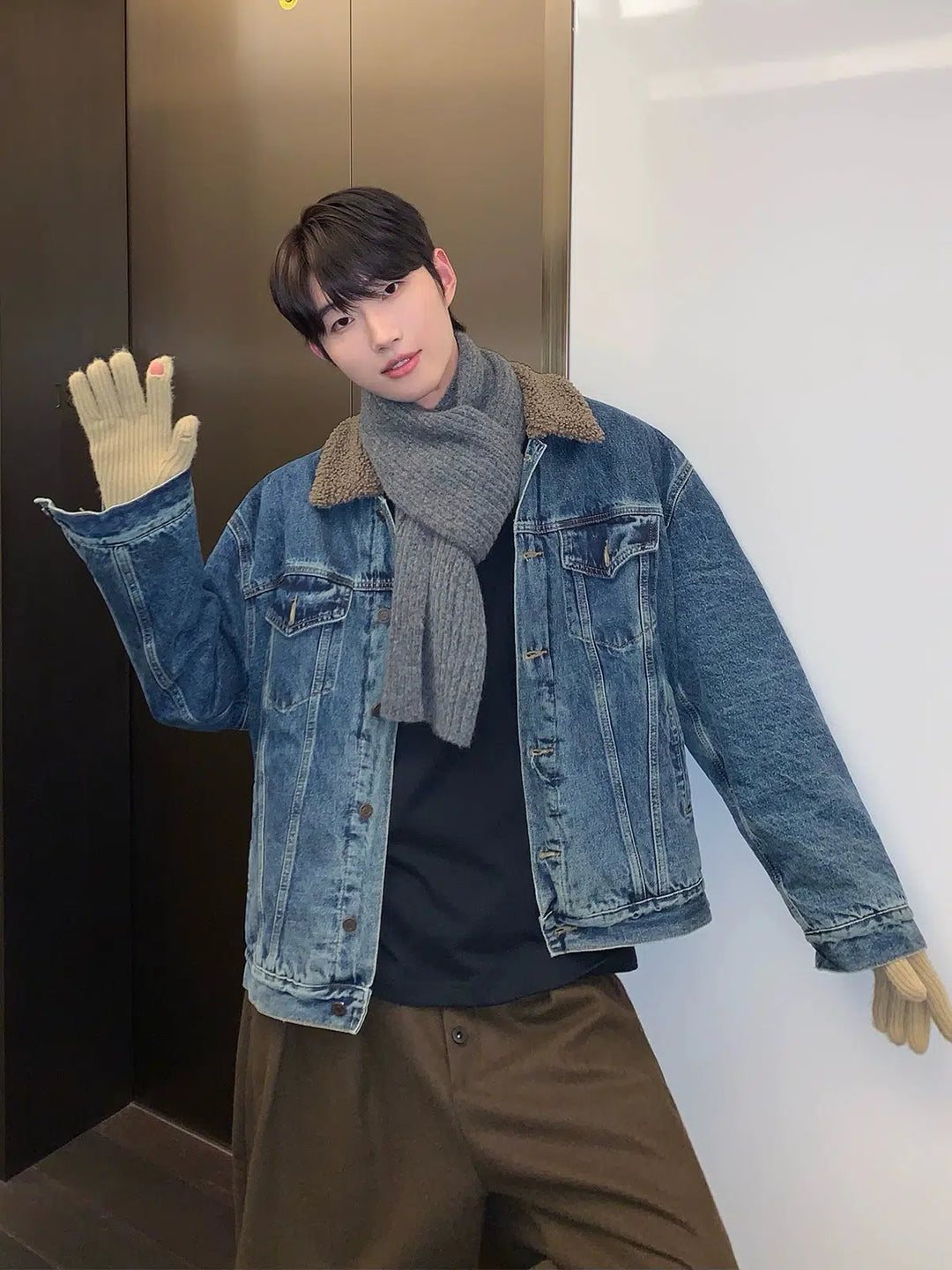 Distressed Lambskin Lapel Denim Jacket