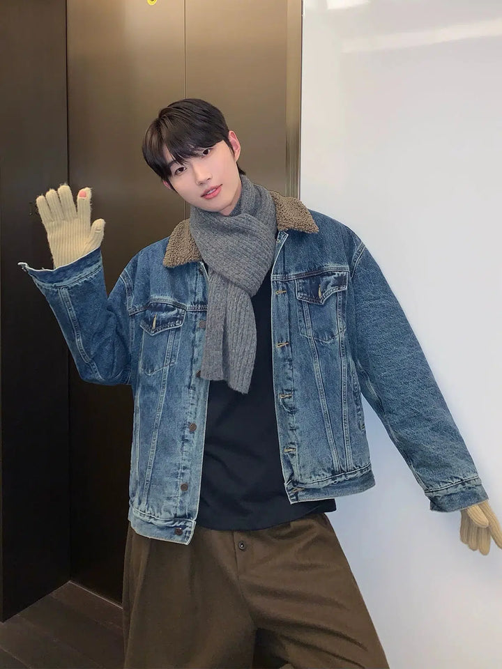 Distressed Lambskin Lapel Denim Jacket