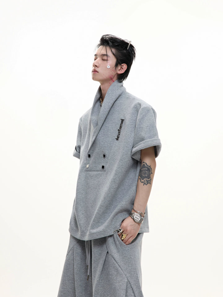 Conjunto de pantalones plisados de manga corta con escote en V 