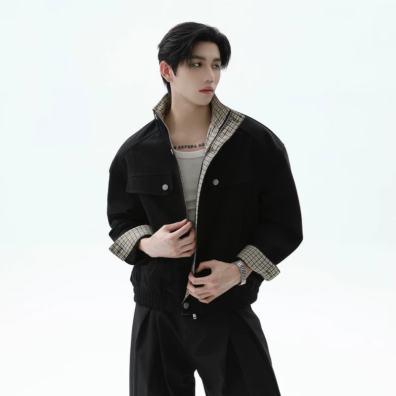 Linen Plaid Patchwork Short Collar Jacket