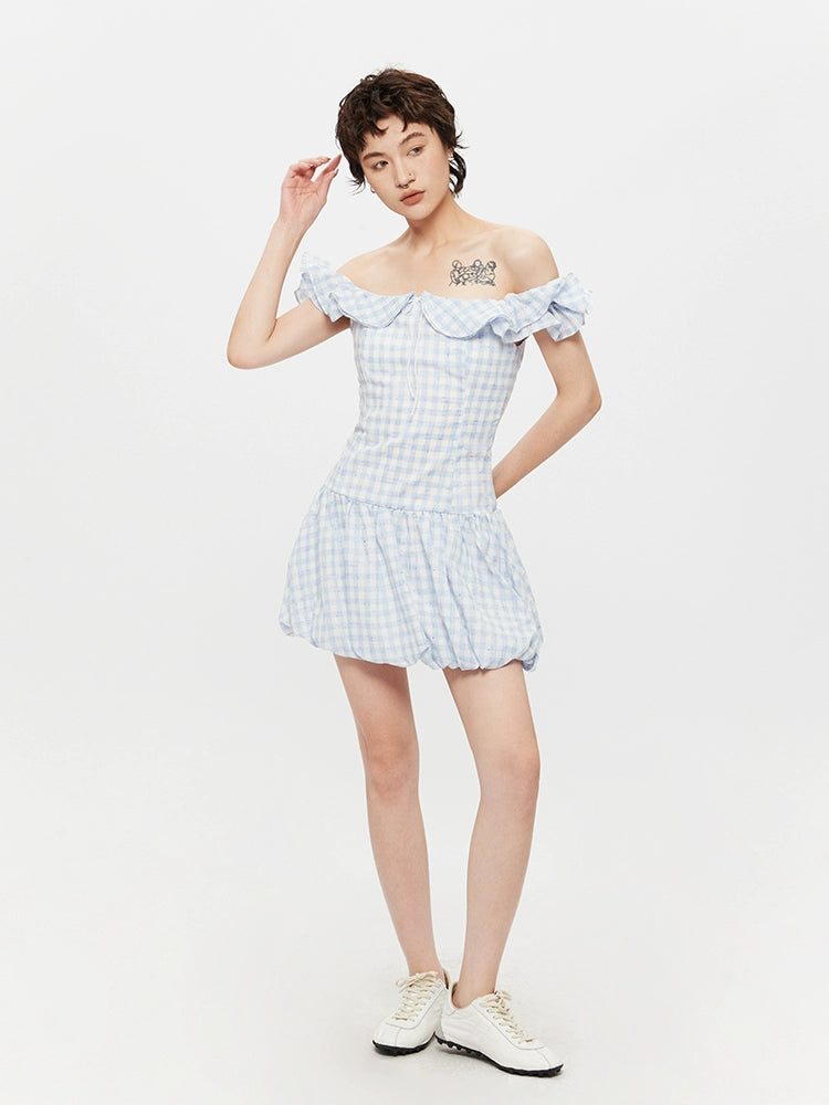 Rutet Off-Shoulder Ruffle Sommerkjole 