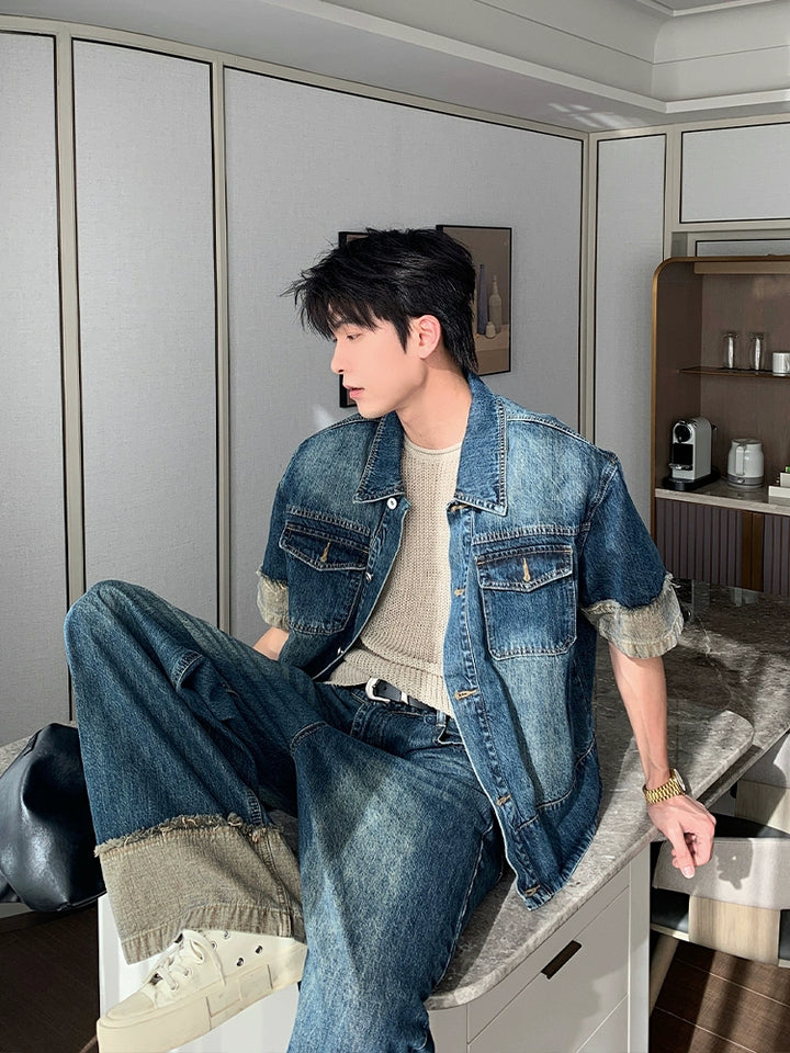 Denim Shirt and Wide Leg Pants Set