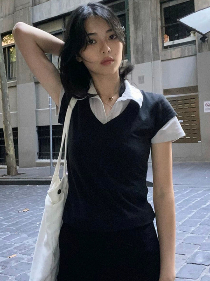 Polo Collar Spliced Short Sleeve Top