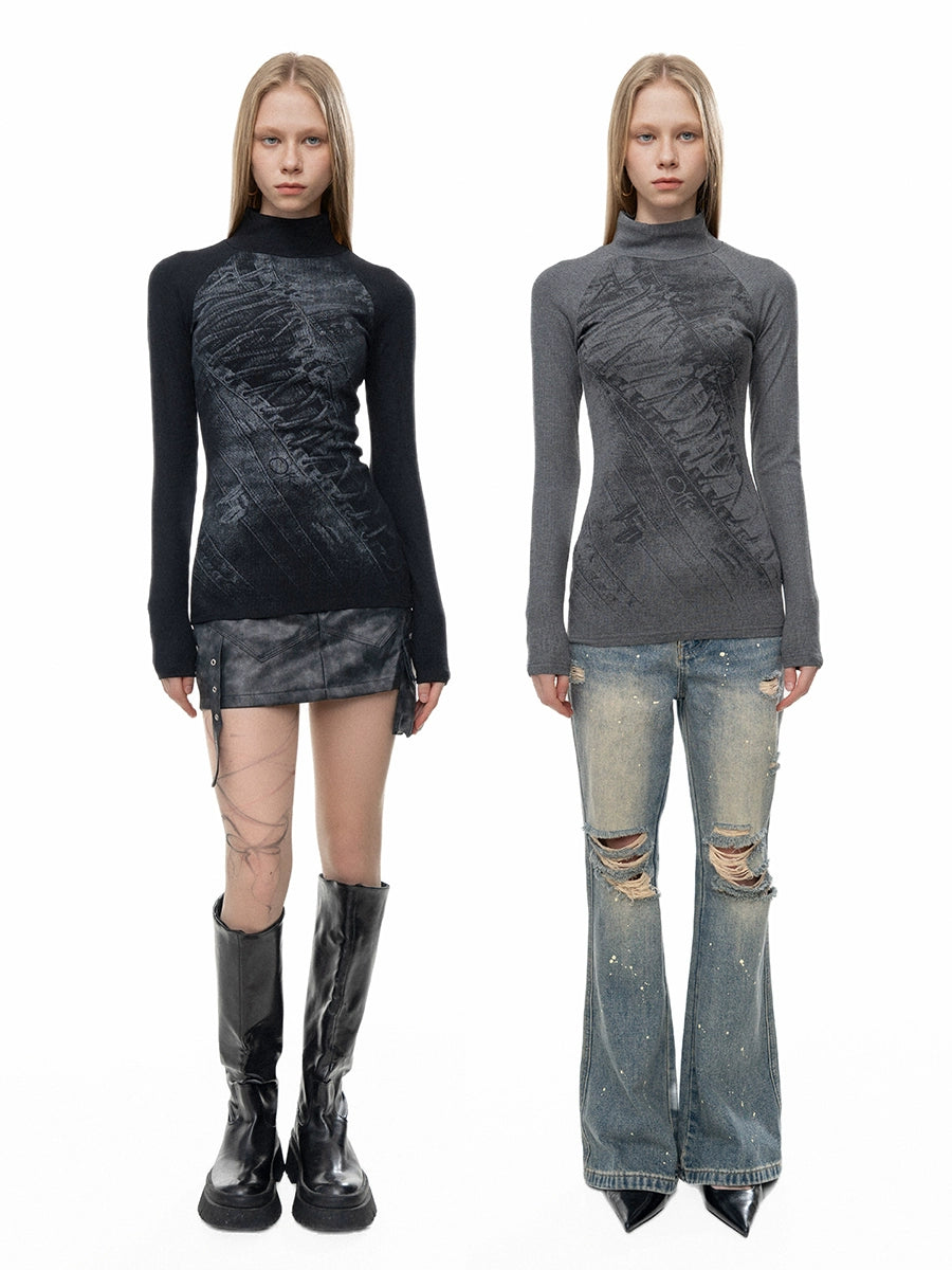 Turtleneck imprimé à manches longues ajusté 