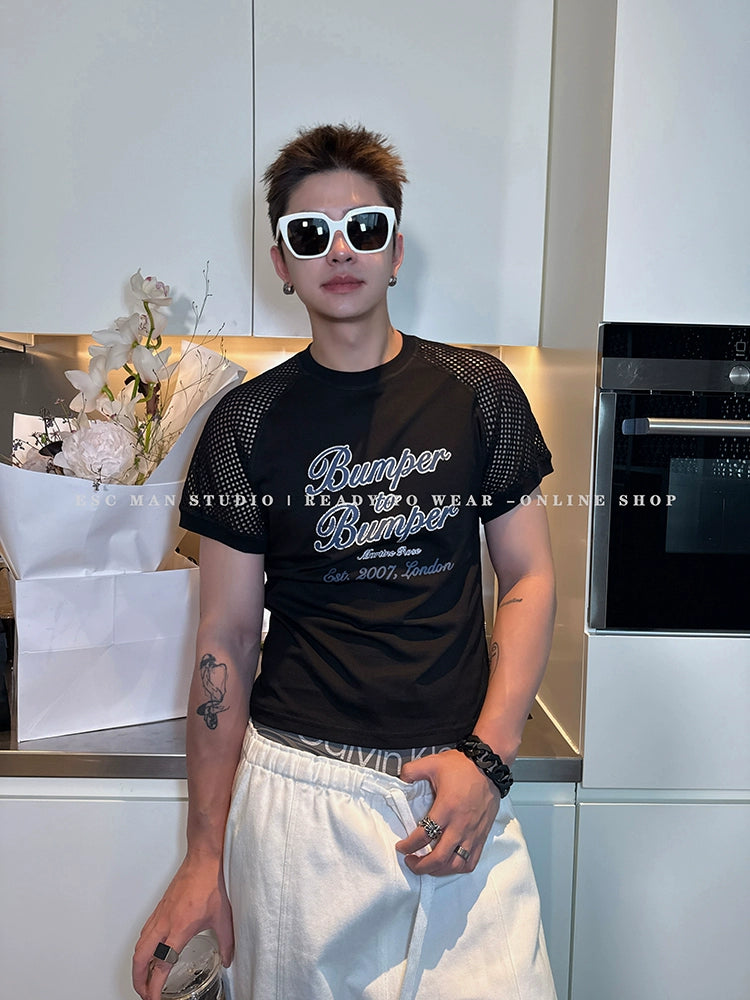 Mesh Sleeve Graphic Printed T-shirt