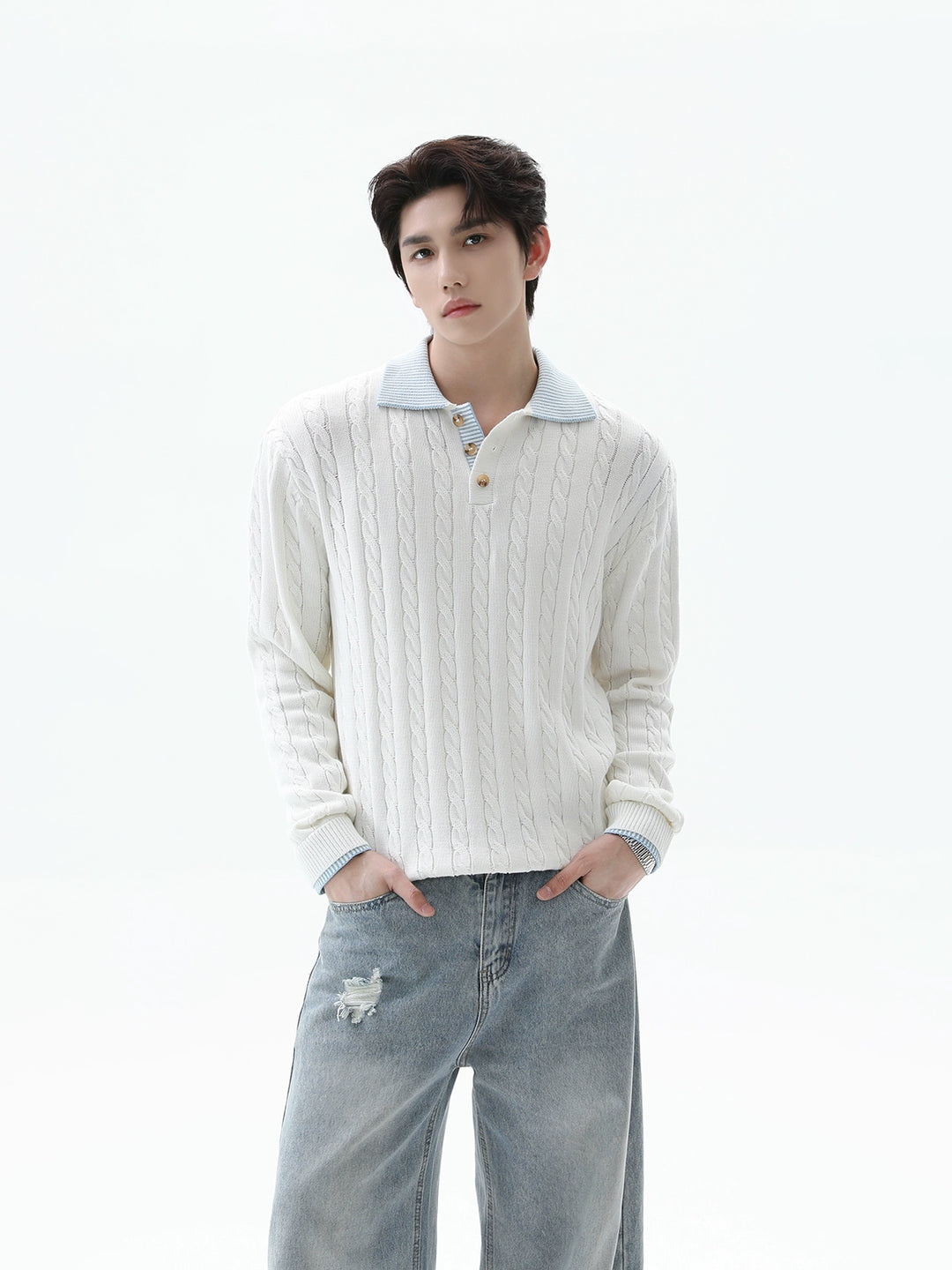 Zwei-Teiliges Set mit Kabelstrick-Polo-Pullover 