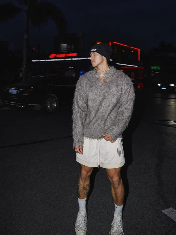 Retro Fuzzy V-ringad Mink Fleece Tröja 