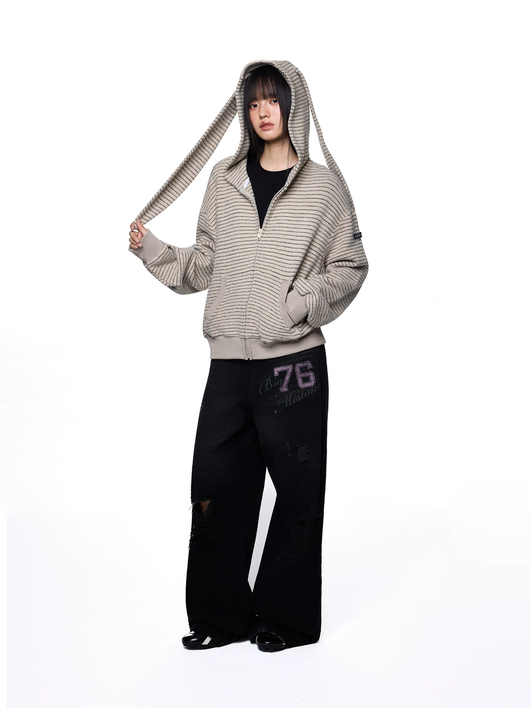 Rabbit Ear Striped Hooded Sweatshirt