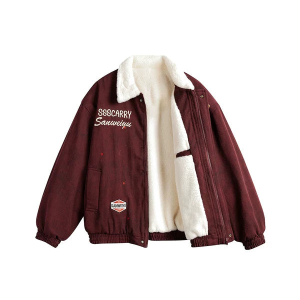 جاكيت قطن مزين بتطريز ريترو مع ياقة شيربا 