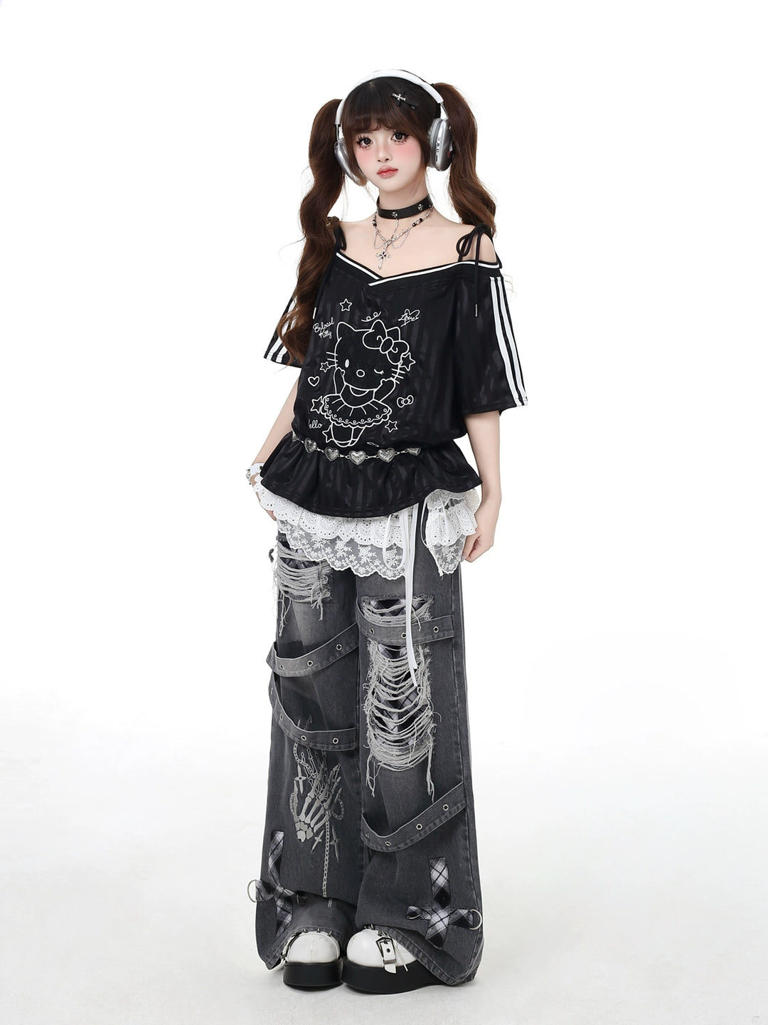 Punk Distressed Ripped Wide Leg Pants