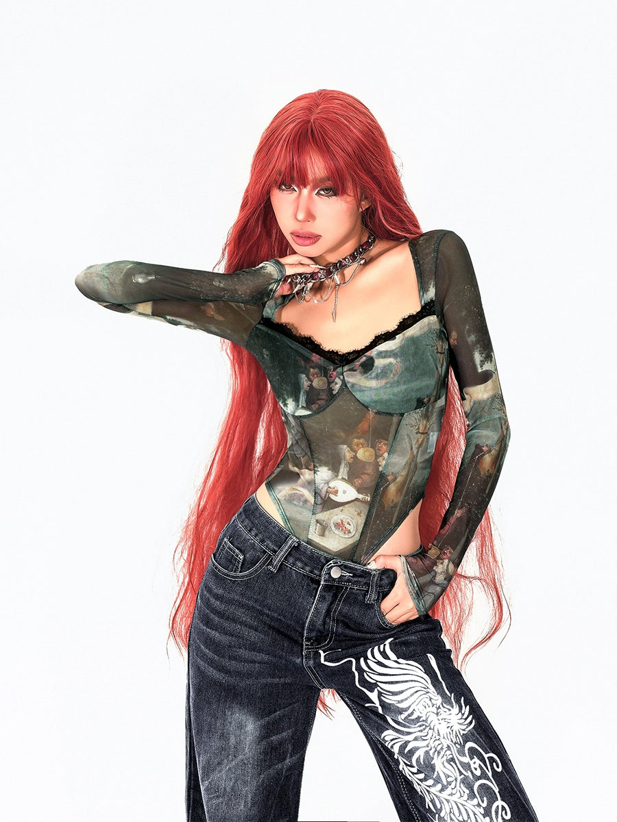 Retro Mesh Print Long Sleeve Turtleneck