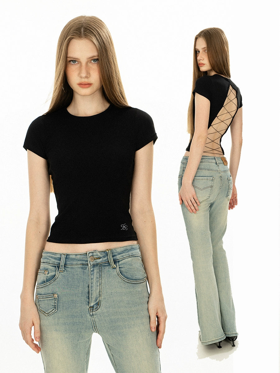 Backless Lace-Up Short Sleeve Turtleneck