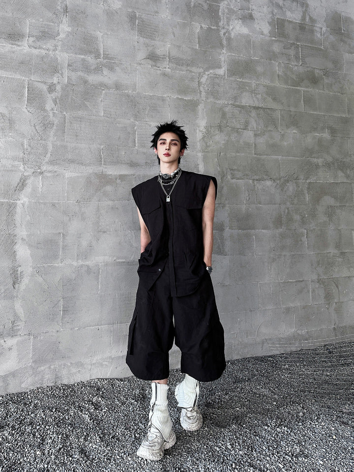 Sleeveless Button-Down Utility Street Vest