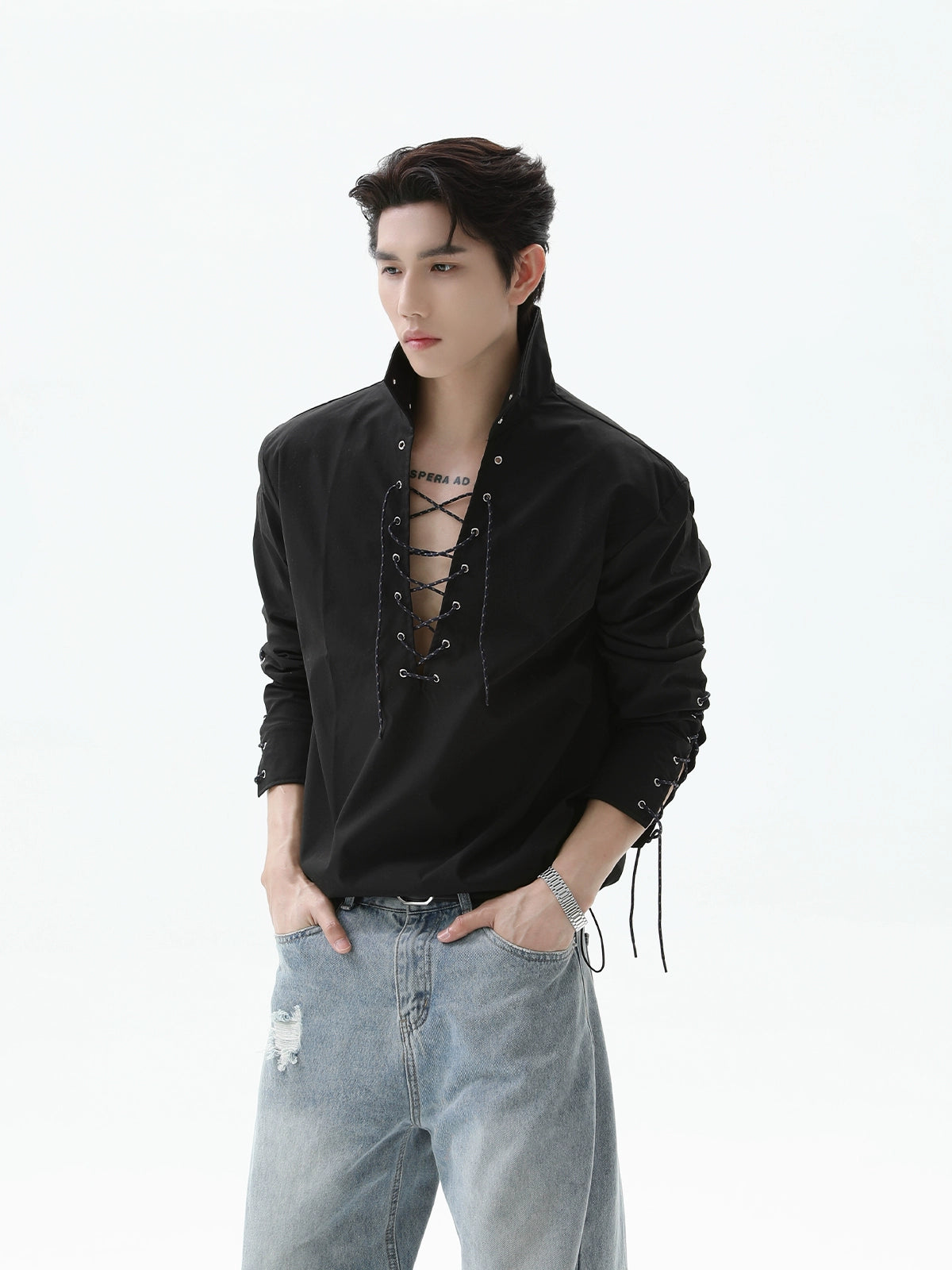 V-Neck Lace-Up Long Sleeve Pullover