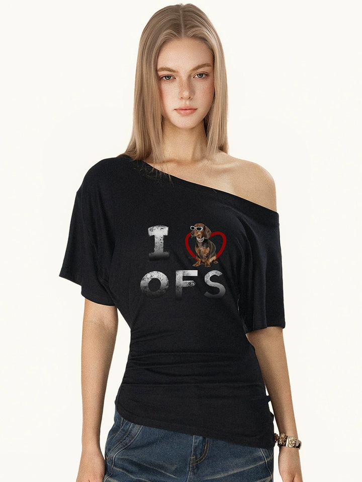 T-shirt imprimé de chien saucisse à épaule oblique 