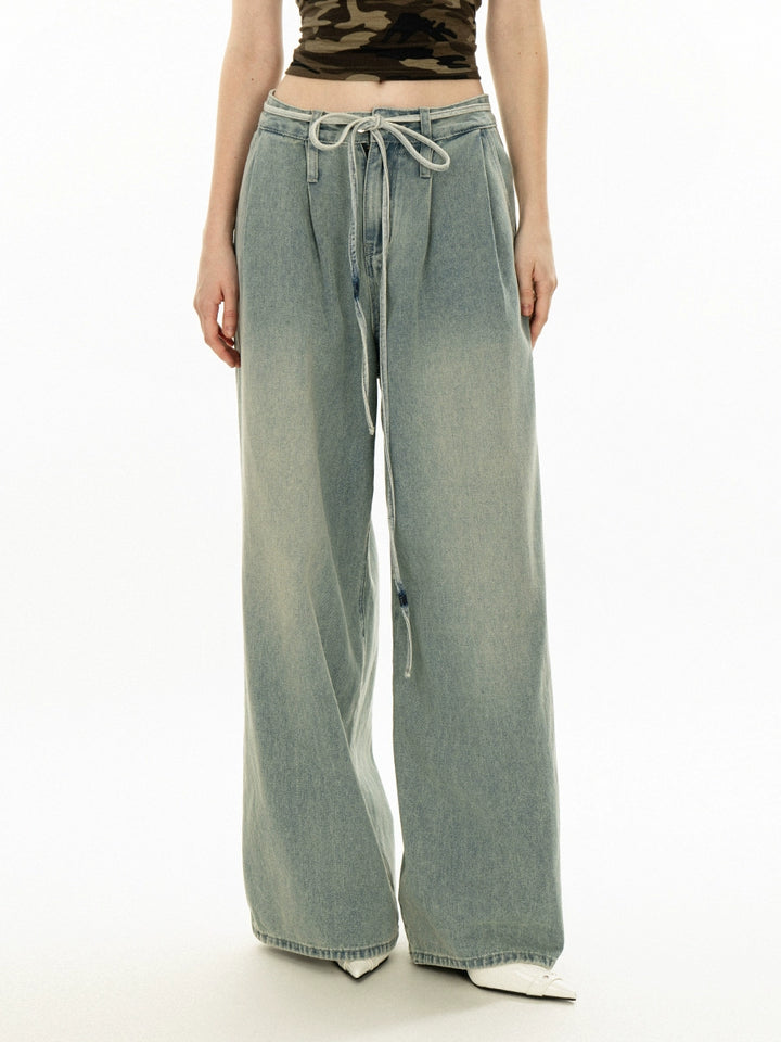 Wide Leg Washed Denim Casual Pants