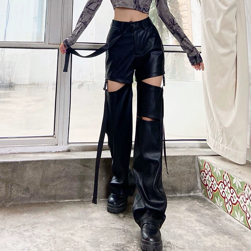 Hollow Out Buckle Loose Leather Pants