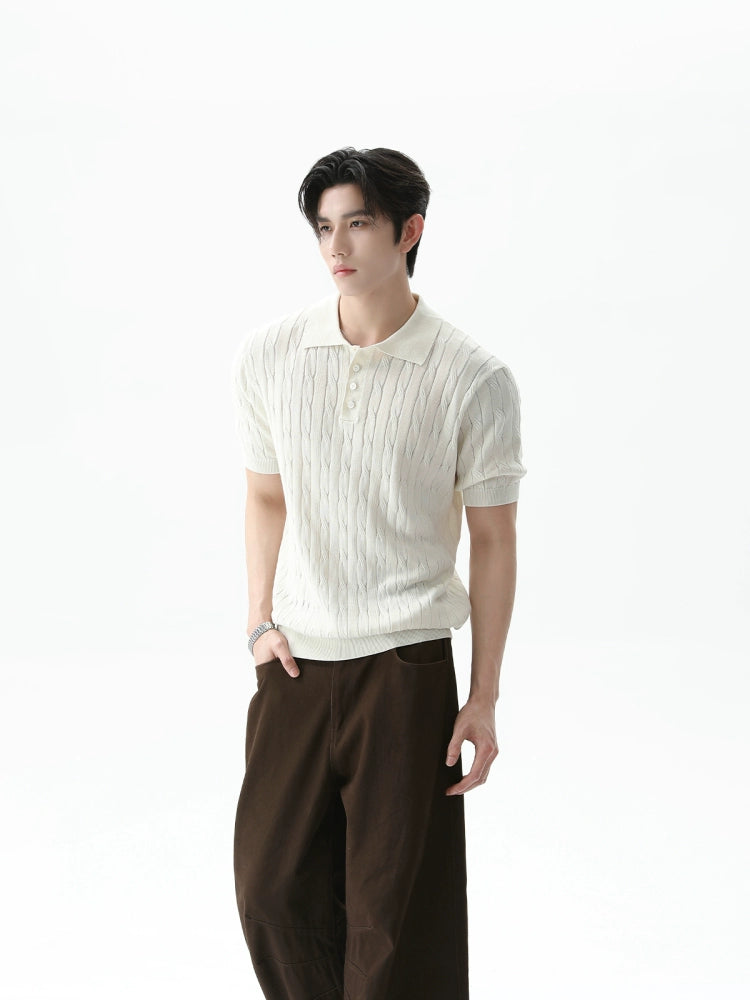 Knitted Polo Collar Short Sleeve Pullover