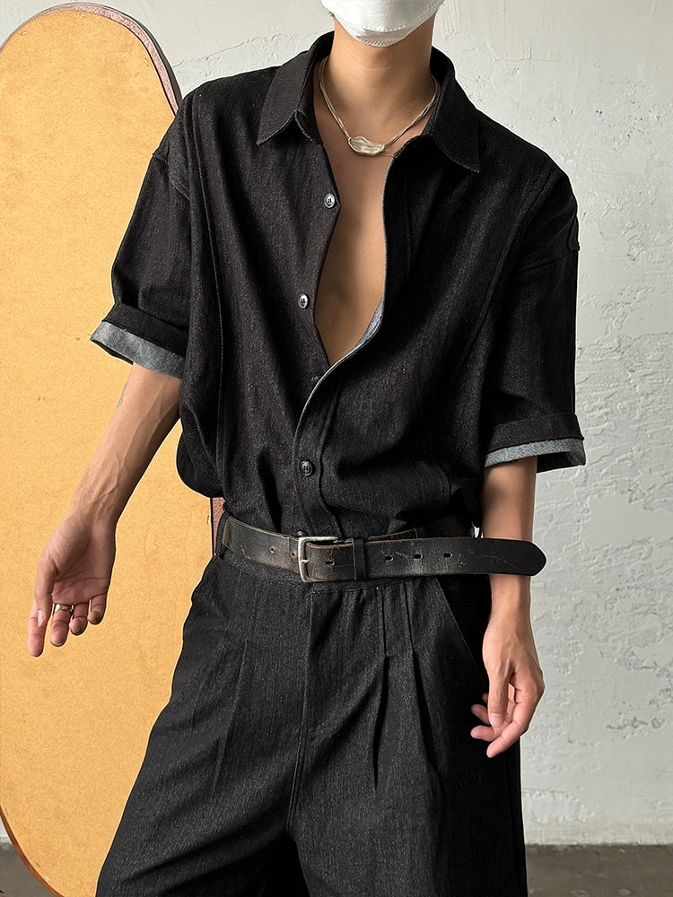 Camisa Jeans de Manga Curta Ajuste Casual 