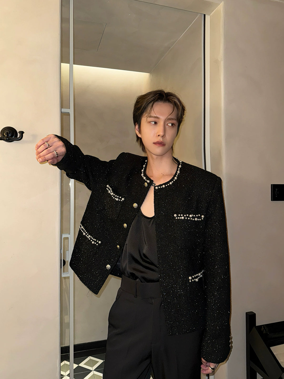 Embroidered Pearl Round Neck Jacket