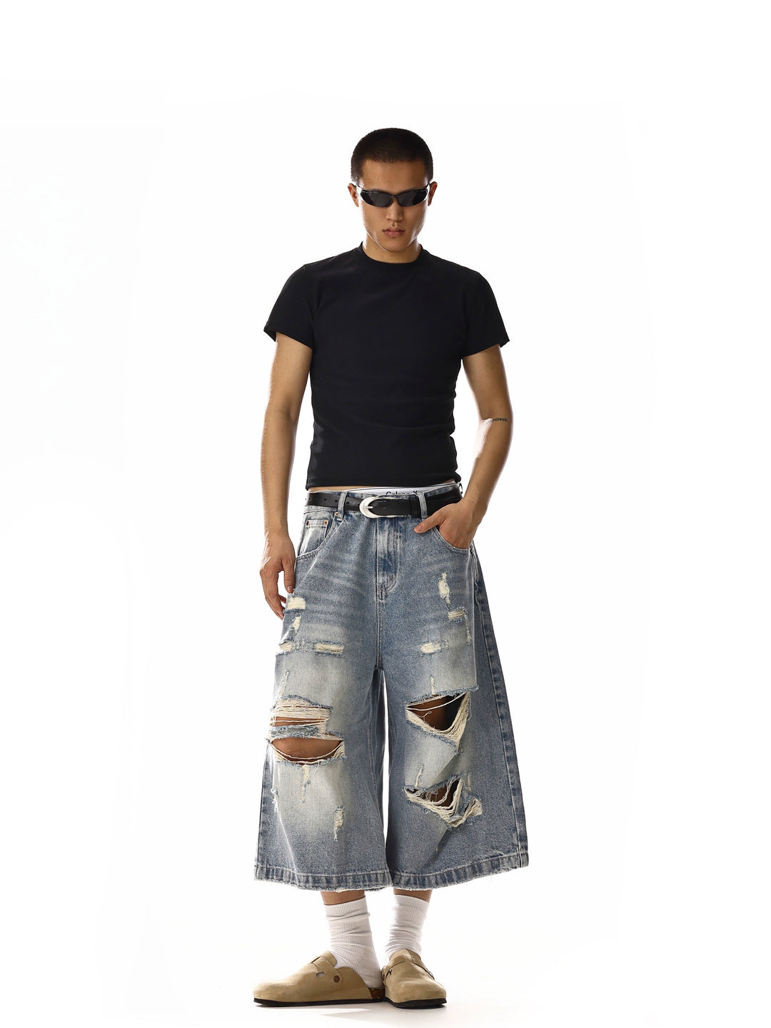 Calças de Denim Cropped Largas Rasgadas 