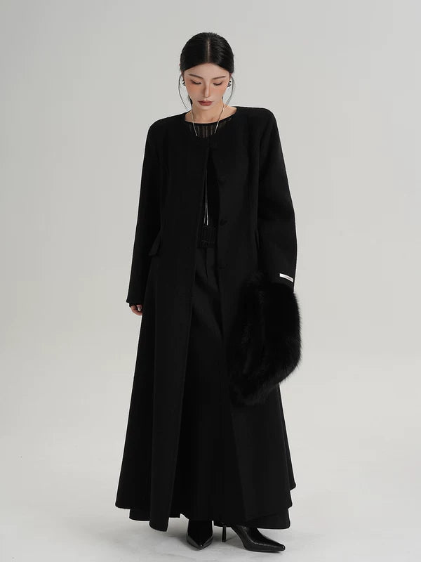 Long Wool Coat with Fur Collar