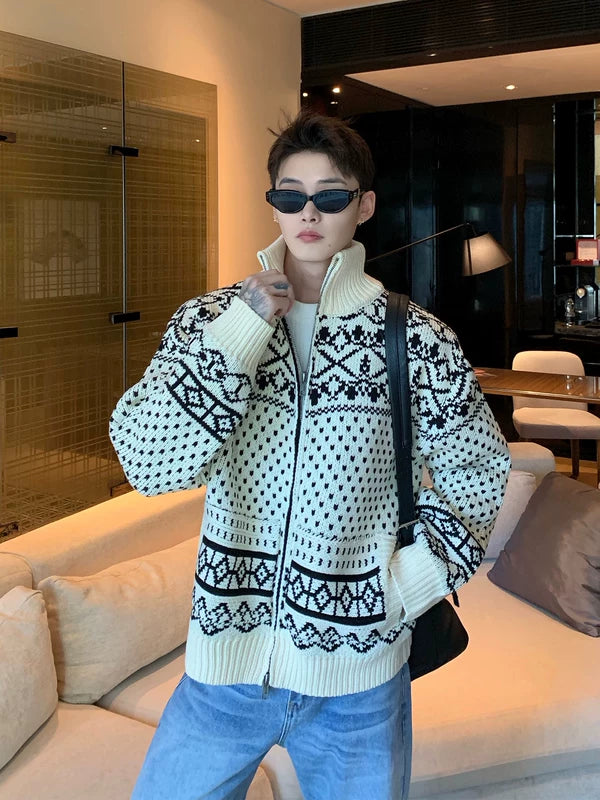 Fair Isle Zip Front Knit Cardigan