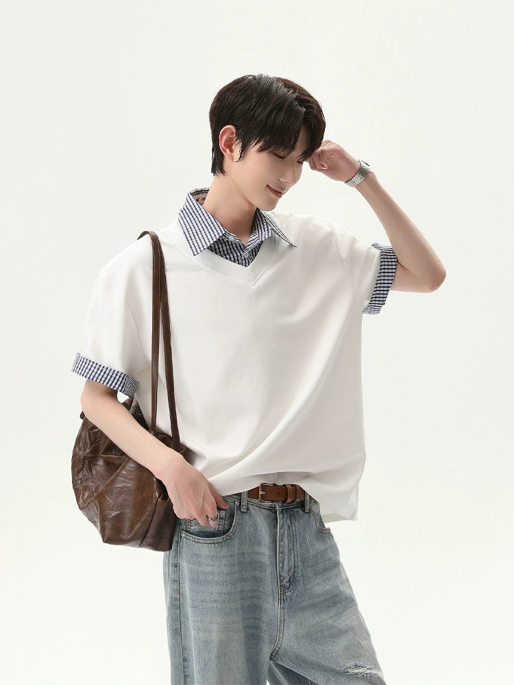 Plaid Collar Short Sleeve Pullover