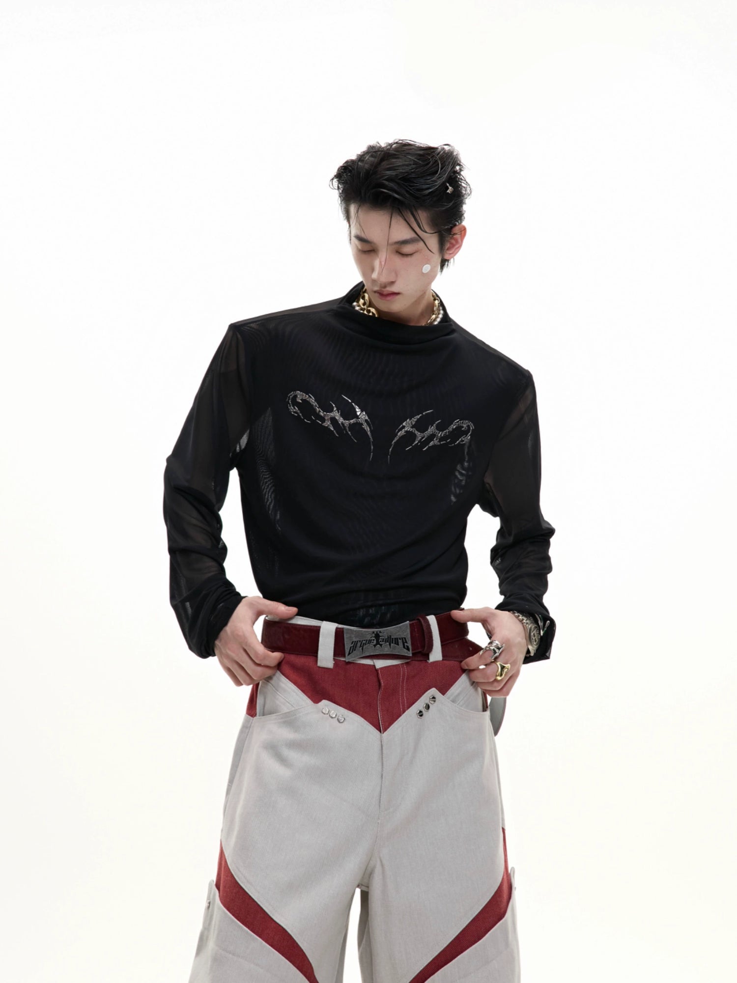 Mesh Slim Fit Metallic Print Pullover