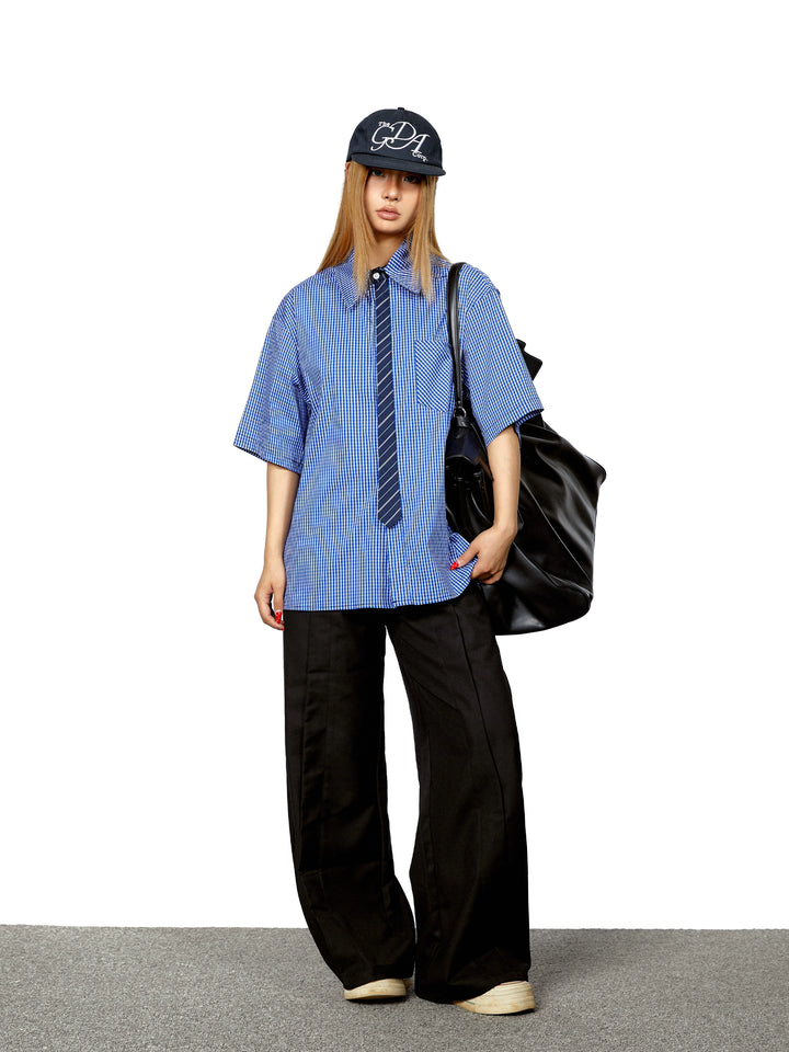 Plaid Tie Stitching Short Sleeve Shirt