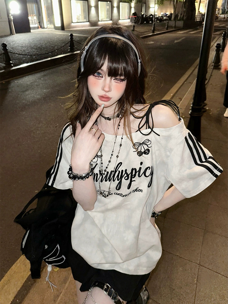 Off-Shoulder Loose Fit Short Sleeve T-shirt