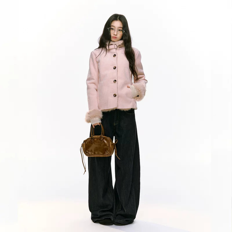 Slim Fit Fur-Lined Plush Button Coat