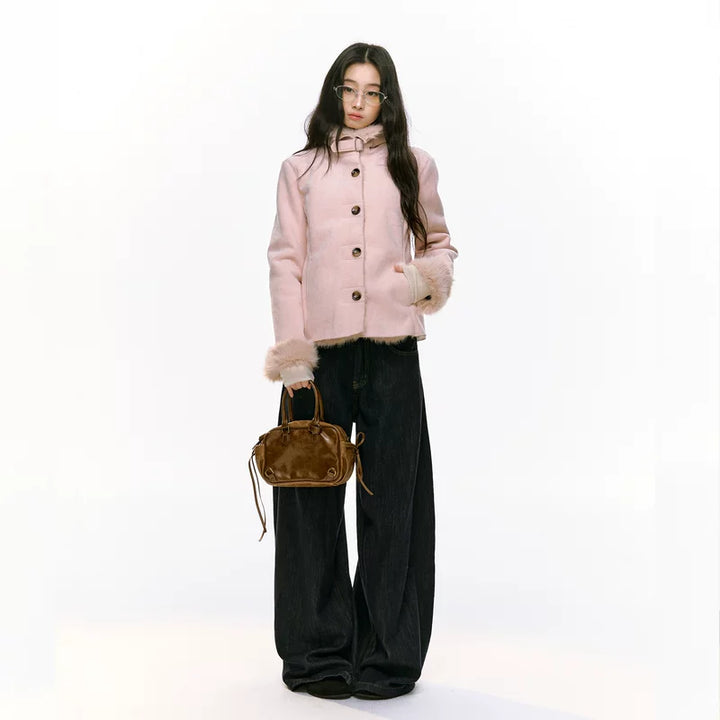 Slim Fit Fur-Lined Plush Button Coat