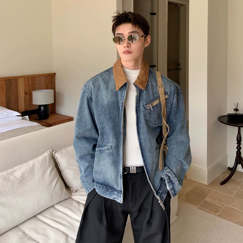 جاكيت جينز بتصميم كلاسيكي مع ياقة كبيرة 