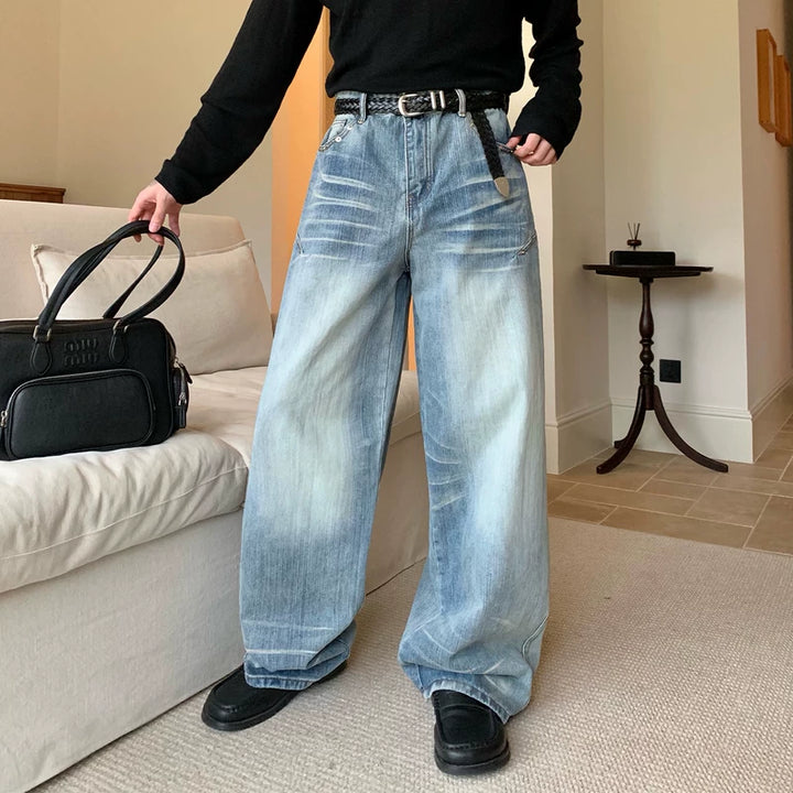 Bamboe Textuur Versleten Losse Rechte Jeans 