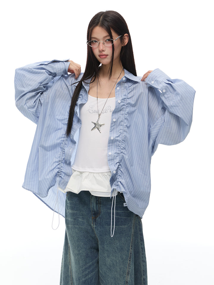Camicia a maniche lunghe a righe con coulisse e plissettature 